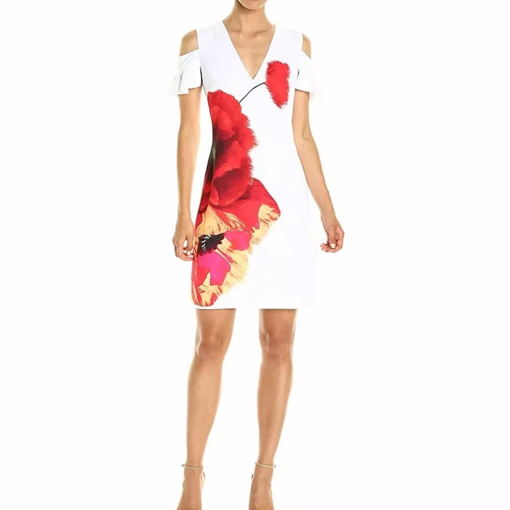 TED BAKER White Lola Cold Shoulder Flutter Sleeve Floral Print Shift Dress